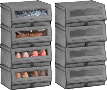 mDesign 8-Piece Fabric Shoe Storage Set – Stackable Shoe Box with Viewing Window, Velcro Closure, and Flip-Top Lid – Storage Box for Closet or Shelf – Dark Gray