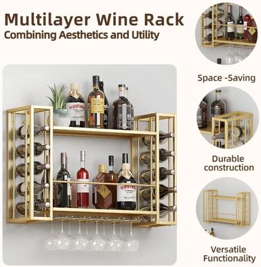 Настінна вітрина для вина Woskar, металева з тримачами для скла, 123,4 x 55 x 25 см, золота