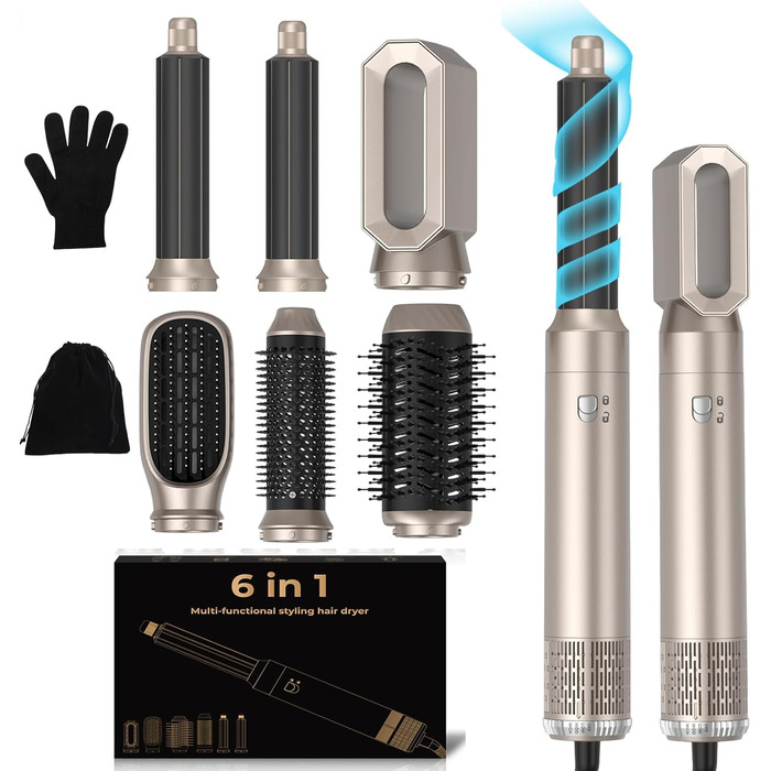 Фен-щітка 5 в 1 Airstyler Pro 1000W: стайлер для волосся, локони, об'єм, догляд, іонізація (золотий)