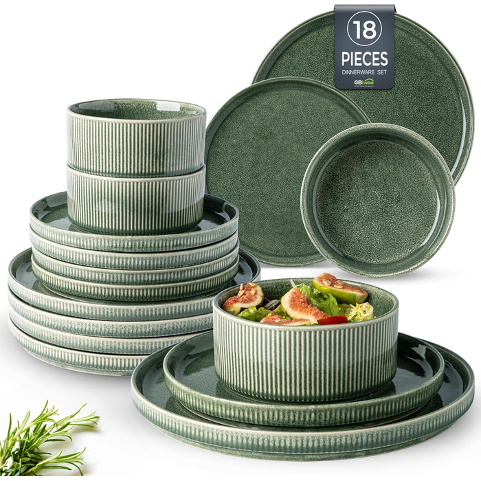 Набір посуду GBhome з каменю, 18 предметів, ручна робота, реактивна глазур, набір тарілок та мисок, зелений, безпечний для мікрохвильовки та посудомийної машини