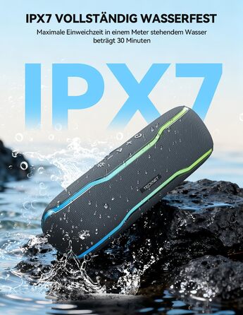TECKNET Bluetooth колонка з підсвіткою, IPX7, 30W, чорна - портативна бездротова колонка Bluetooth 5.3 для вечірок, подорожей