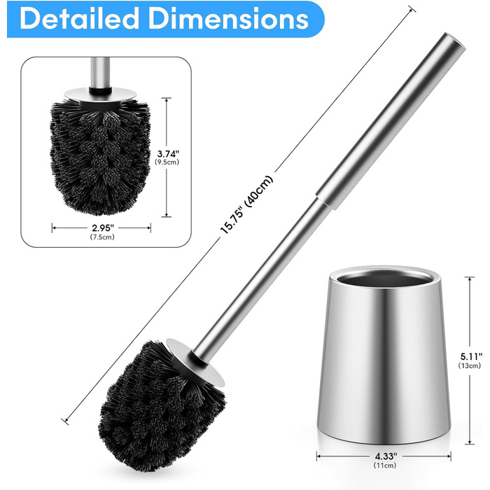 Силіконова щітка для унітазу Klobürste – гігієнічна щітка з нержавіючої сталі 304 з змінним насадком, для дому, гостьової ванної кімнати, готелю (Gebürstetes Silber)