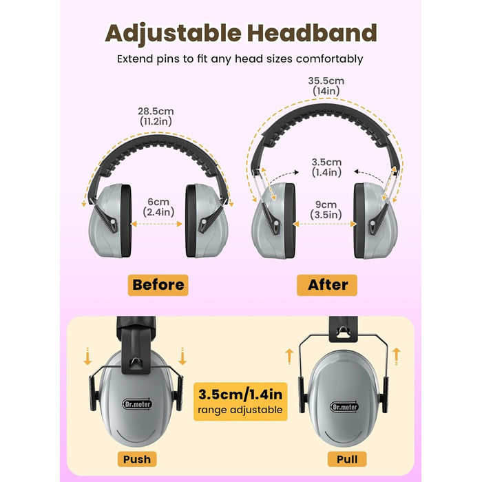 Захисні навушники Dr.meter SNR 31dB, наголов'я, регульовані, комфортні для дорослих, складаються, шумоізоляція для будівництва, саду (сірі)