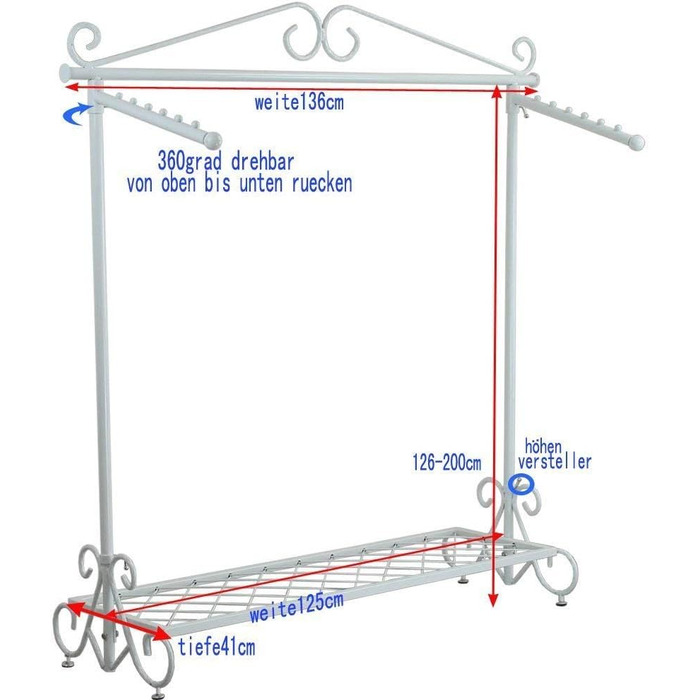 Clothes Rack, Coat Rack with Shoe Storage, Width 136cm, Vintage Style Metal, Height Adjustable from 126 to 200 cm (White)