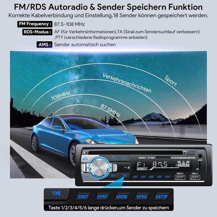 Автомагнітола CENXINY 1 DIN з Bluetooth, CD, RDS, FM/MP3, 2 USB для музики та зарядки, гучний зв'язок