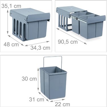Вбудований відрізок для сміття Relaxdays, кухонний, висувний, для під навісну шафку, об'єм 15 л та 2x8 л, пластик, 35 x 34 x 48 см, сірий