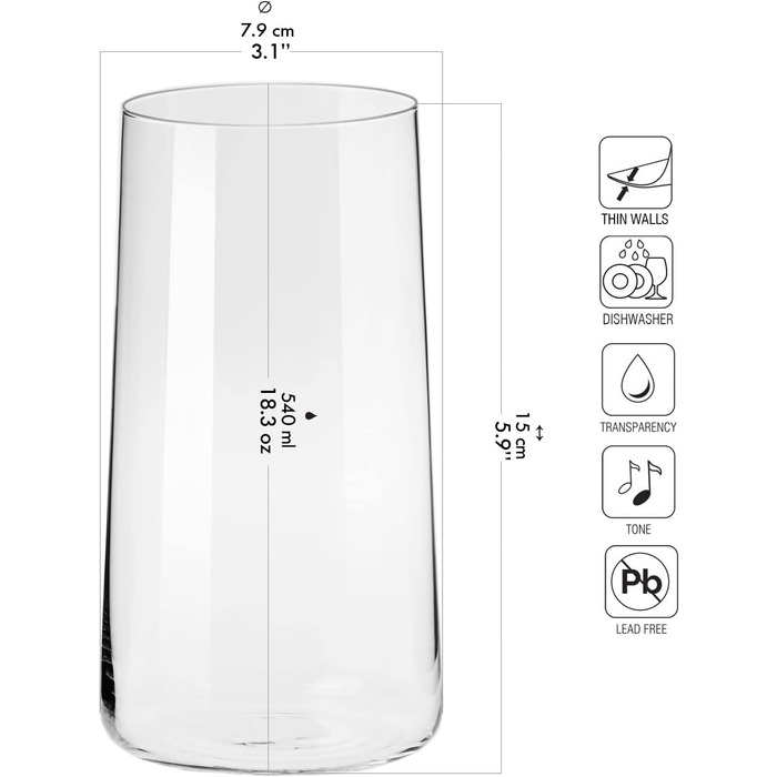 Krosno Highball Juice Glass, 540 ml, Avantgarde Collection, perfect for home, restaurants, parties, dishwasher-safe, 6 pieces