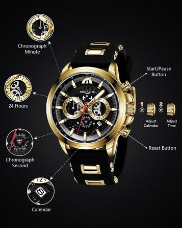 Чоловічий годинник MEGALITH Chronograph: Аналоговий водонепроникний годинник з датою та світосвітним покриттям. Великий кварцовий годинник - подарунок для спортивних чоловіків (A2-чорний)