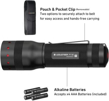 Ledlenser P7 SE LED Flashlight | Led Battery Flashlight Focusable | All-Around Light with 500 Lumens | Lamp with Advanced Focus | 320 Meter Beam Distance | 25 Hours of Run Time | Strobe Mode