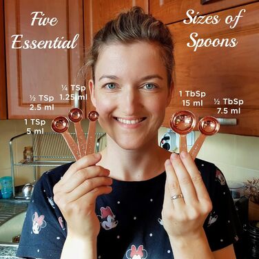 Copper and stainless steel measuring cups and spoons, copper-plated, high-quality stainless steel. Satin + high gloss polished. US + metric measurements. Kitchen gift under $30. From Copper Gemz Gift Box Packaging copper.