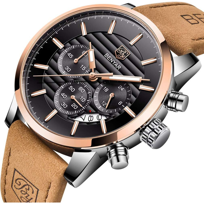 Годинник чоловічий Benyар з кварцовим механізмом, хронограф, водонепроникний, з нержавіючої сталі, стильний аксесуар для бізнесу, спорту та відпочинку (колір: коричневий, золотий, чорний)