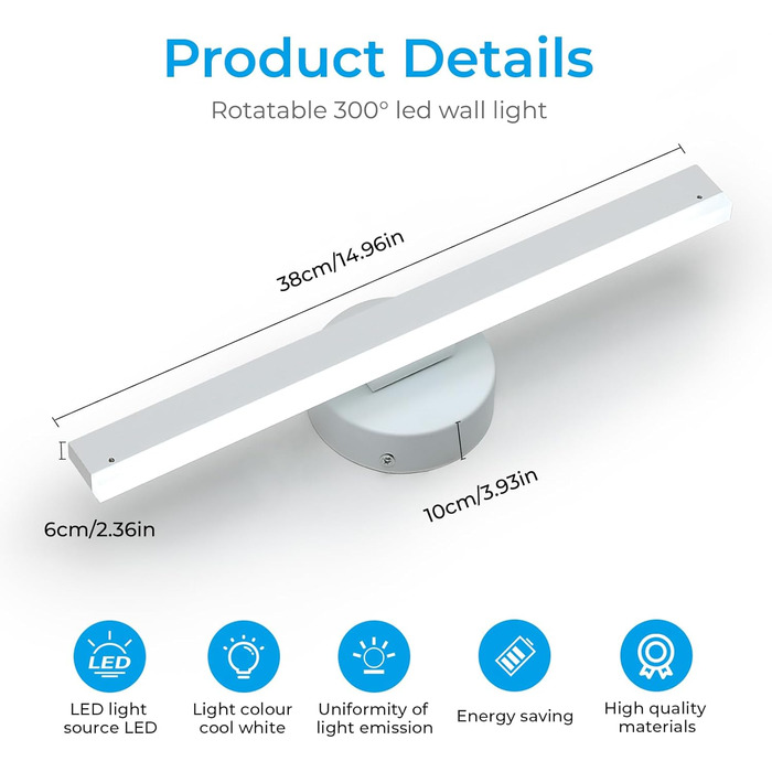 LED дзеркальна лампа Riserva 12W для ванної кімнати, поворотна 300°, чорна, 3000K/6500K
