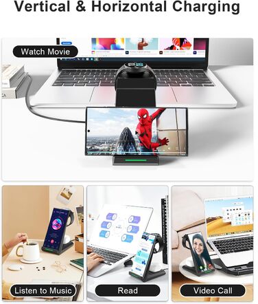 Бездротова зарядка 3-в-1 для Samsung Galaxy: годинники, навушники, смартфони. Сумісна з Galaxy Watch 8/7/6/5/5 Pro/4/3/Active 2, S25, S24, S23, S22 Ultra, S21, Note 20, Buds. Чорний колір.