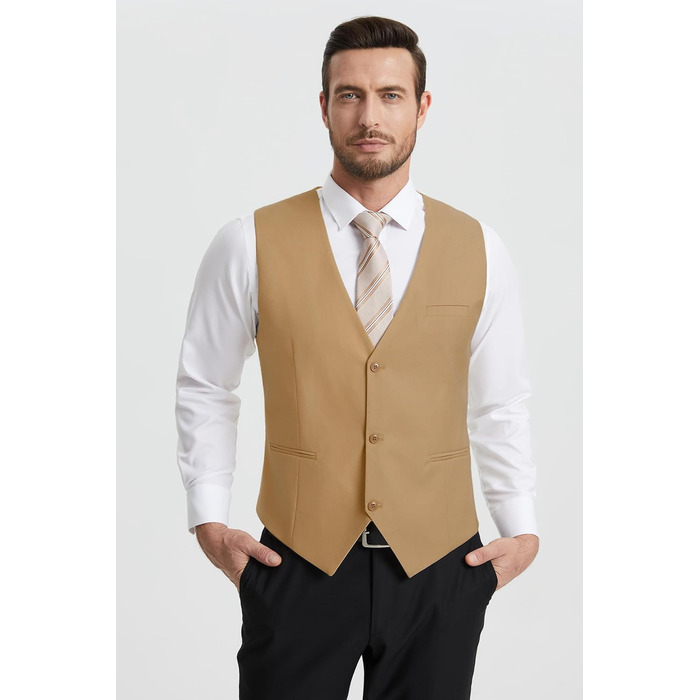 Жилет чоловічий HISDERN формальний елегантний бавовняний однотонний V-подібний виріз з кишенями для весілля, вечірки, бізнесу (S, Хакі)