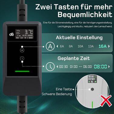 Кабель для зарядки електромобіля Type 2 Schuko 3,7kW (6-16A, 1-фазний) з LCD-дисплеєм, 5,5м, чорний