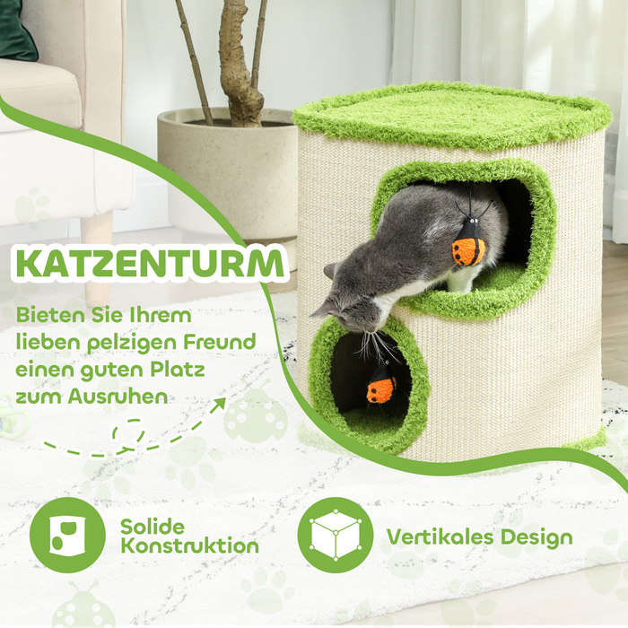 PawHut Дряпка для котів, 52 см у висоту, котячий домик з 2 печерами, котячий шкребок з іграшкою-божником, котяча вежа з сизалю, для котів до 5 кг, Зелений+кремовий білий | Aosom
