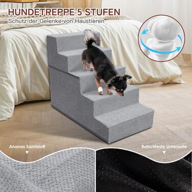 Dog stairs for small dogs, dog stairs, non-slip dog stairs with 5 steps, dog ramp bed washable, pet stairs made of high-density sponge, for injured & older dogs, cats