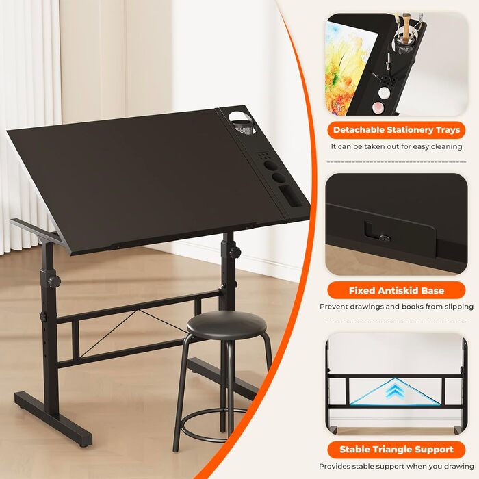 Adjustable Drafting Table with Tilting Surface (0-60°) - Height Adjustable Art Table with Stool and Storage for Home & Office - Black Wood Finish