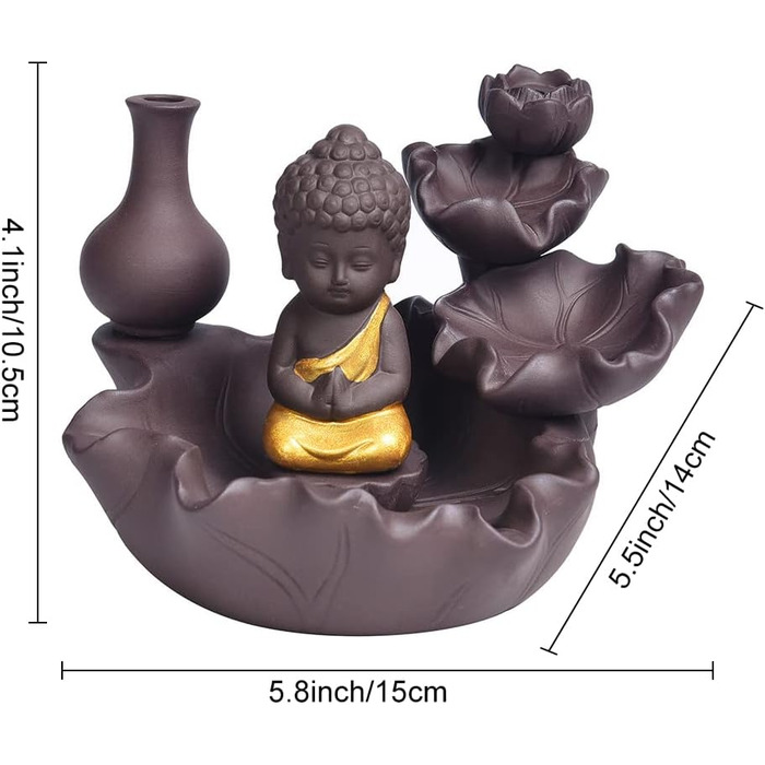 Golden Buddha Waterfall Backflow Incense Burner, Water Fountain Incense Holder, Golden Buddha Censer, Ceramic Incense Burner for Family, Office, Bedroom Decoration