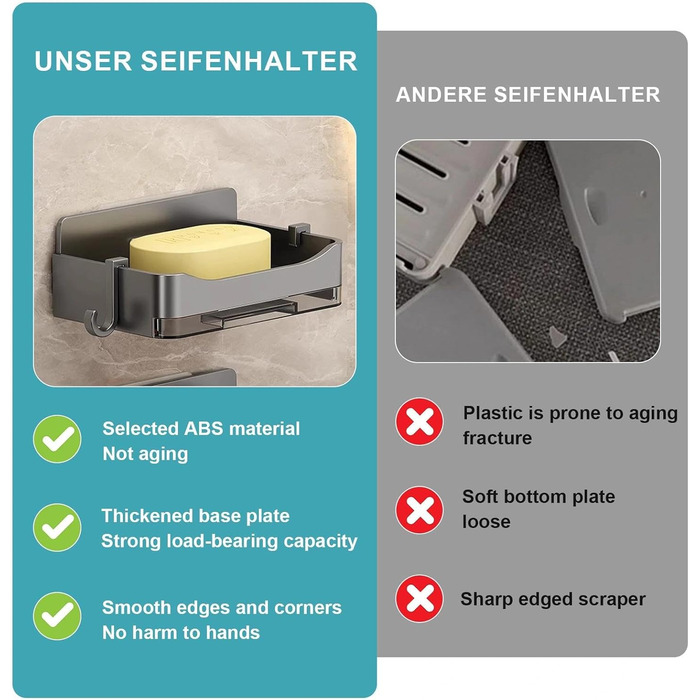 Тримач для мила Dulynva (2 шт.) без свердління, сірий. Мильниця для душу, мильниця з піддоном, мильниця для ванної кімнати, кухні, мийки. Пластиковий тримач для мила, настінний, самоклеючий.