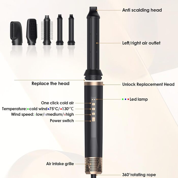 Набір для укладки Journeyside Airstyler: щітка-фен, плойка, випрямляч, 5 насадок, 1000W, чорний та золотий