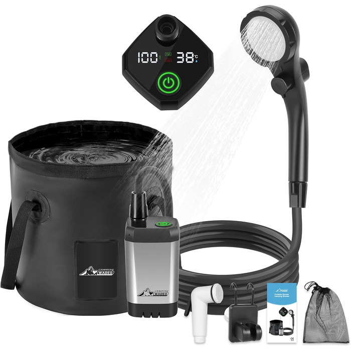 WADEO Portable Camping Shower with Battery, Pump, and Shower Bucket, Rechargeable Camping Shower, Mobile Shower Outdoor Showers with Shower Head, for Camping, Travel, Garden, Hiking, and Car Washing