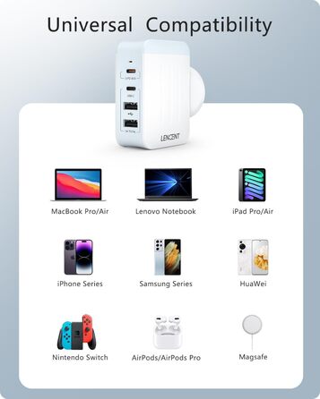 Універсальний адаптер LENCENT з USB зарядкою 45W, 4 порти (2x USB-A, 2x USB-C) - EU/US/UK/AU