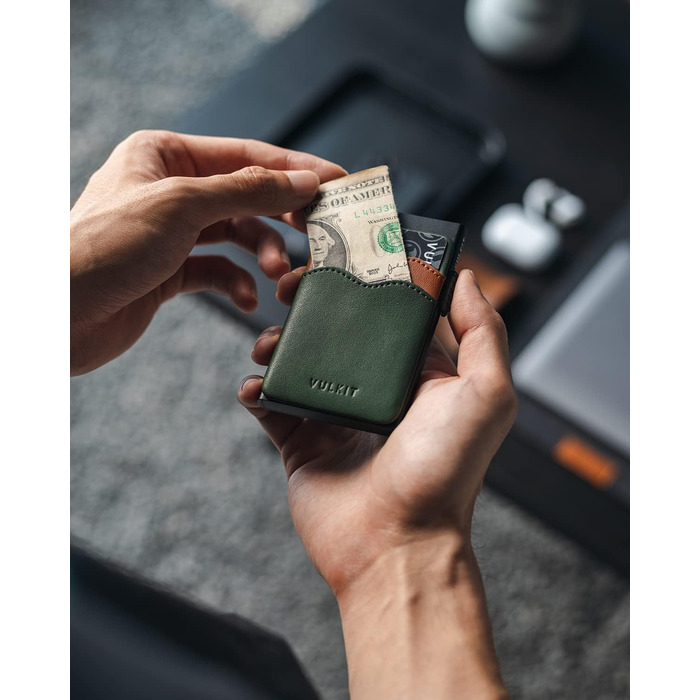 VULKIT Слім гаманець-картхолдер з RFID захистом, шкіряні слоти, металевий кейс, зелений