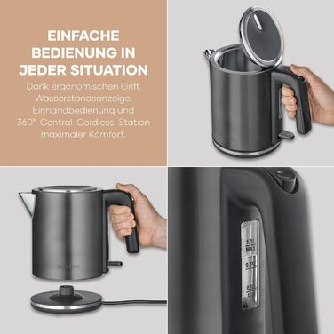 Електричний чайник SEVERIN WK 3489, 1 л, чорний/нержавіюча сталь, з індикатором рівня води та фільтром від накипу