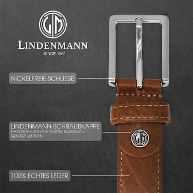 Чоловічий шкіряний ремінь Lindenmann, 30 мм, регульований, колір коньяк (110 см)