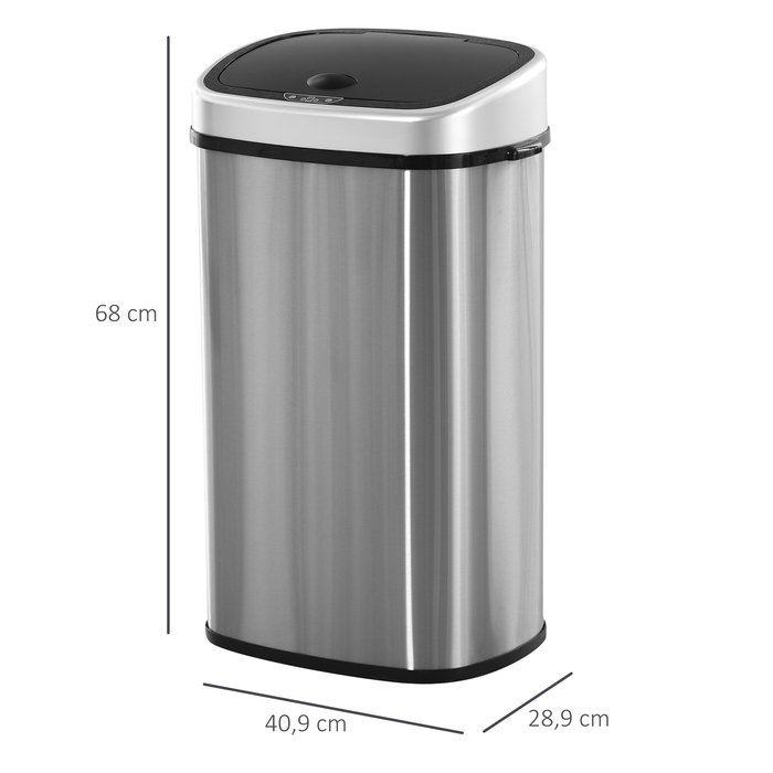 HOMCOM 58L Automatic Trash Can with Infrared Sensor, Hygienic, Large, Stainless Steel Silver, L40.9 x B28.9 x H68 cm