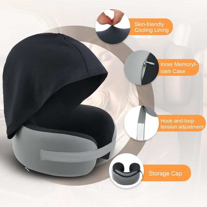 Подушка для шиї у літак з капюшоном, Memory Foam, сіра. Подушка для подорожей, авто, дорослих. З навушниками.
