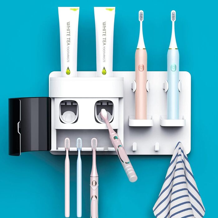 Automatic Toothpaste Dispenser, DENSAIL Toothbrush Holder for Wall Mounting with Dust-Proof Cover and 2 Toothpaste Dispensers, 2 Electric Toothbrush Holders, and 4 Toothbrush Organizer Slots