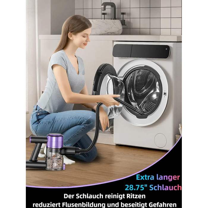 Бездротовий акумуляторний пилосос 45000 Па/500 Вт/45 хв з LED-дисплеєм та щіткою проти намотування, висувний шланг 73 см для твердих поверхонь, килимів, шерсті тварин, фіолетовий