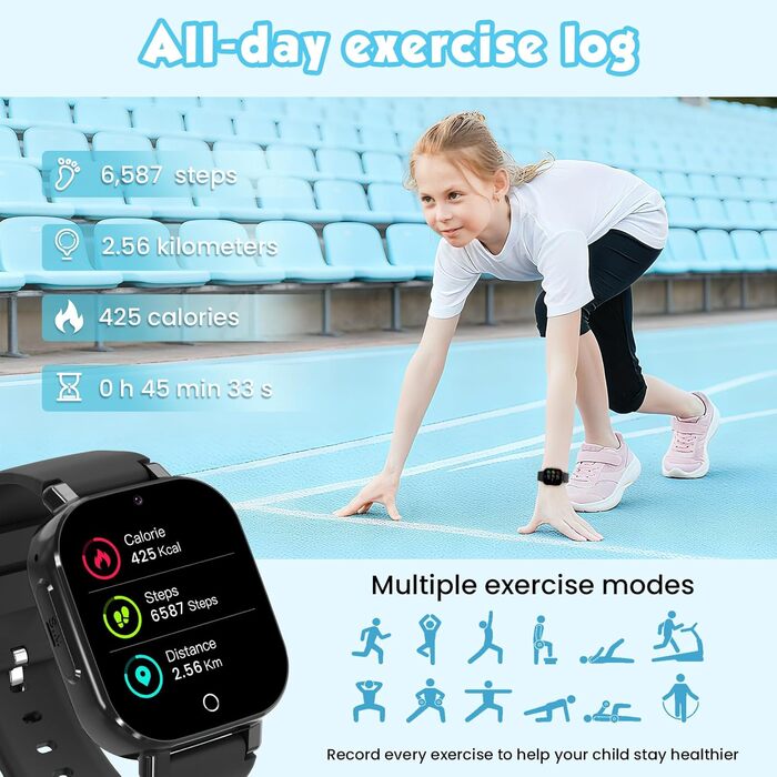 Дитячий розумний годинник 4G GPS з відеодзвінками та SOS, WiFi, крокомір, будильник, ігри, для дівчаток та хлопчиків від 4 років, чорний