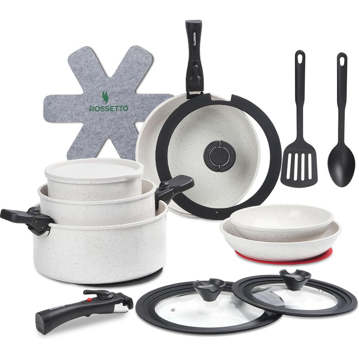 Набір посуду STONE B-23 (23 предмети) з керамічним покриттям, знімні ручки, індукція, сумісний з духовкою, для дому та кемпінгу
