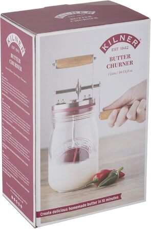 Kilner Butter Churn Glass with Hand Crank, Manual Hand Crank and Silicone Mixer, 1L, Opening: 7.2 cm, 16.5 cm x 11 cm x 27 cm, Make butter yourself in about 10 minutes, Glass butter container (pack of 2)