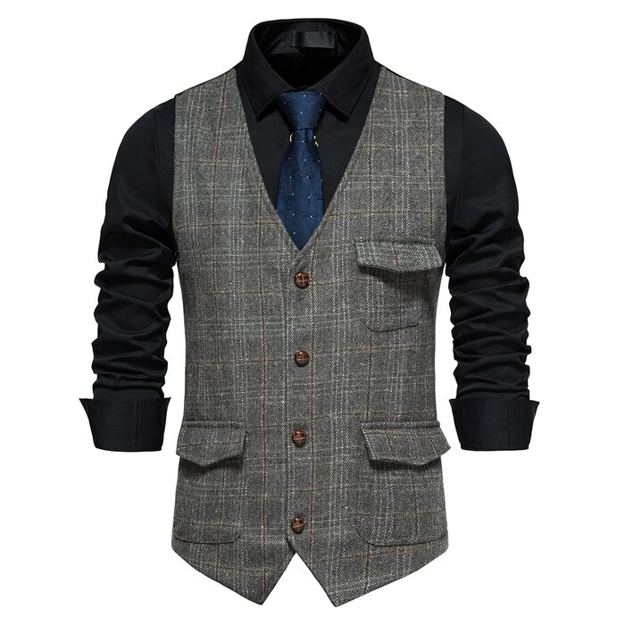 Чоловіча жилетка в клітинку Tweed, сіра, з кишенею. Ідеальна для бізнесу та відпочинку (S)