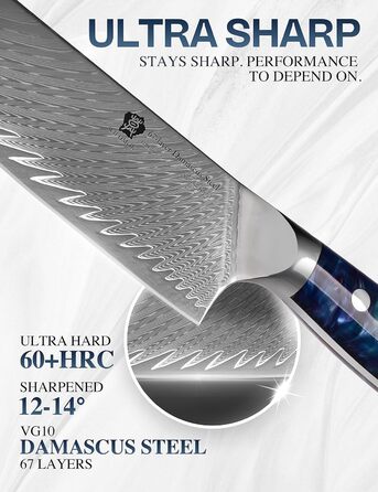 Японський кухонний ніж Santoku WILDMOK 17 см, сталь VG10 Дамаск, синій ергономічний руків'я для кухні