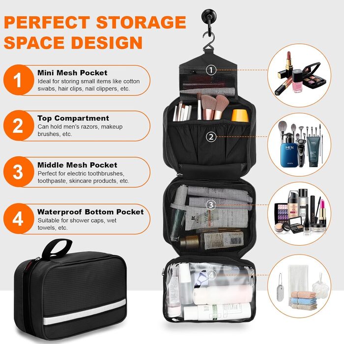 Чоловіча та жіноча косметичка для подорожей з відділеннями, водонепроникна, з гачком, зелена (чорна)