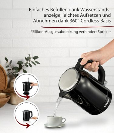 Електричний чайник Cloer 4511 з нержавіючої сталі, 2200 Вт, індикатор рівня води, захист від сухого кипіння та перегріву, 1 літр, чорний