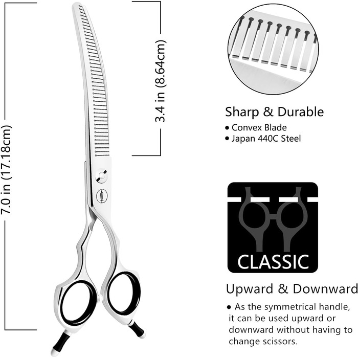 Ножиці для грумінгу собак та котів HASHIMOTO, вигнуті, 33 зубці, 18 см, 65% розрідження, легкі. Ідеальні для професійних грумерів та домашнього використання.