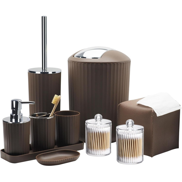Комплект аксесуарів для ванної кімнати, 10 предметів: коричневий набір з відром, тримачем для зубних щіток, мильничкою, дозатором мила, тримачем для унітазного йоржика, контейнером для ватних паличок та кришкою для серветок