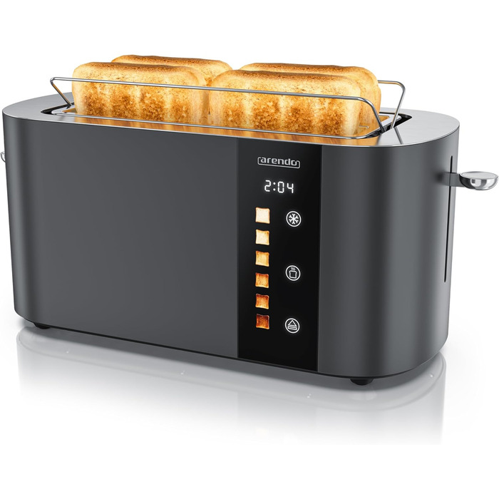 Тостер Arendo з нержавіючої сталі, 4 слоти, довгі прорізи, сенсорний екран, подвійні стінки, 1500 Вт, підставка для булочок, 6 рівнів підсмажування, центрування хліба, індикатор часу, пам'ять (B: Cool Grey)