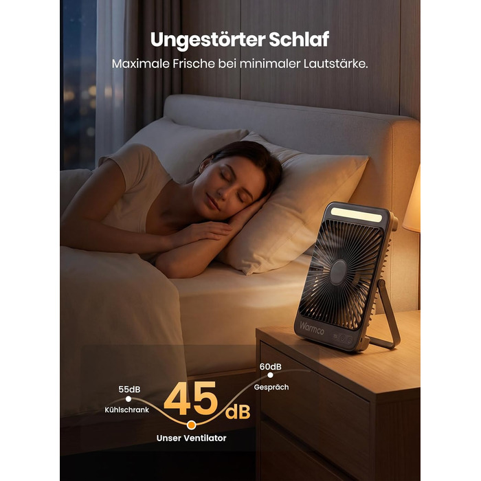 Вентилятор для кемпінгу Warmco 20000mAh з лампою та дисплеєм, 15-48 годин роботи, тихий, ультратонкий, з гачком, USB, чорний