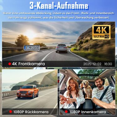 Автомобільний відеореєстратор 4K + 1080P з передньою та задньою камерами, 64GB SD карта, 5GHz WiFi, 1.97