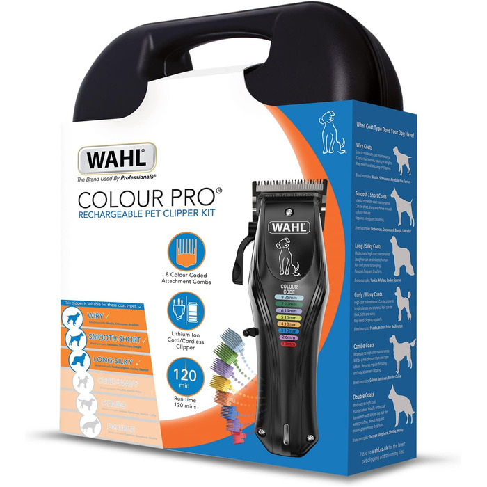 Машинка для стрижки собак WAHL Color Pro: бездротова, акумуляторна, з кодованими гребінцями, тиха, чорна
