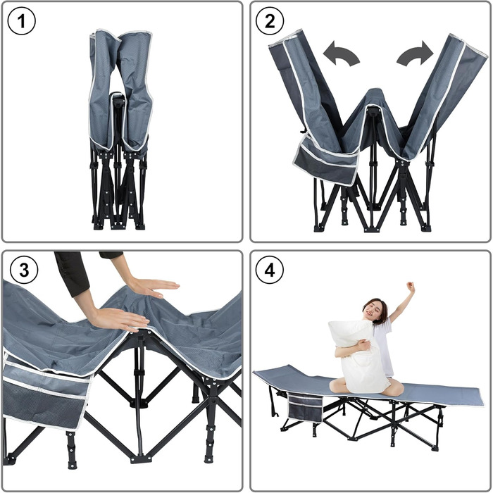 Розкладне ліжко-крісло для кемпінгу з сумкою для зберігання, до 250 кг, 190x62x38 см, для дорослих, відпочинку на природі, в саду, в подорожах