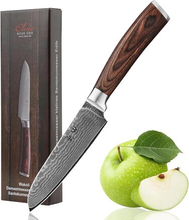 Професійний кухонний ніж Santoku Wakoli Edib Damast 12 см з 67-шарової дамаської сталі VG10, рукоятка з пакка-дерева, у подарунковій коробці