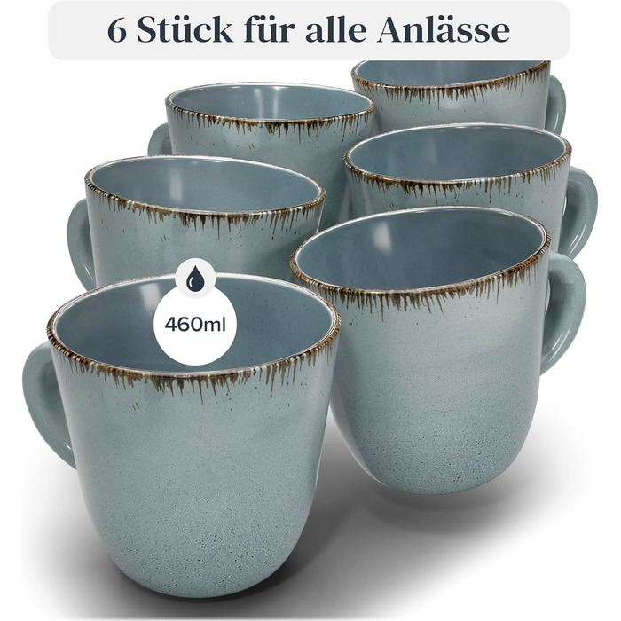 Набір чашок для кави Steingut (6 шт.) з рустикального стилю, Rauchblau (460 мл)